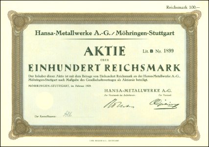 Hansa-Metallwerke 1929 100 RM photo