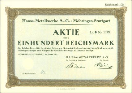 Hansa-Metallwerke 1929 100 RM
