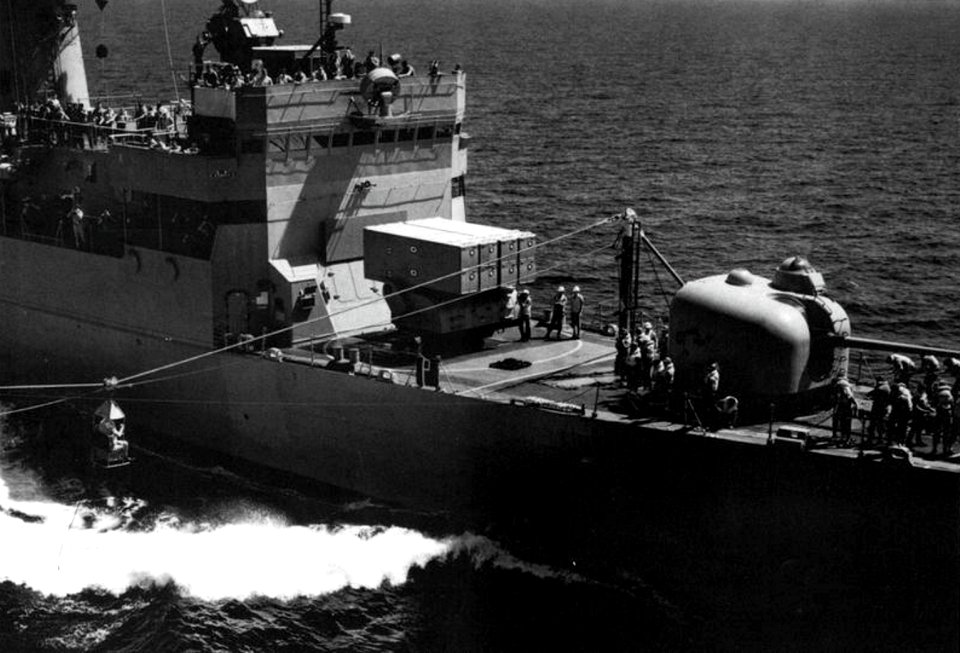 High-line transfer to USS Miller (FF-1091), in 1981