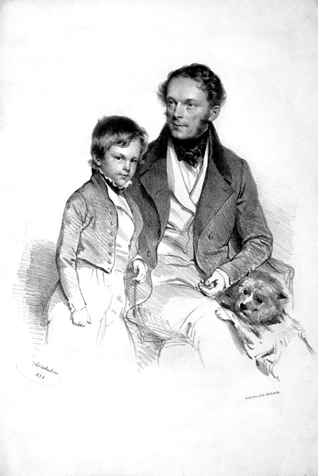 Heinrich Eduard Schönburg-Hartenstein mit Sohn Litho