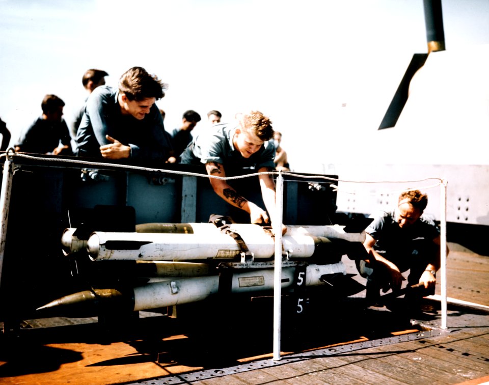 High-Velocity Aircraft Rockets (HVAR) on a US Navy aircraft carrier c1945