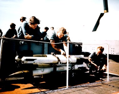 High-Velocity Aircraft Rockets (HVAR) on a US Navy aircraft carrier c1945