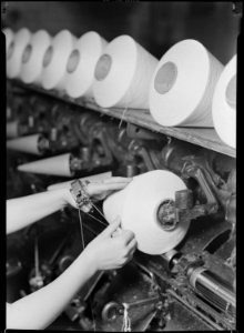 High Point, North Carolina - Textiles. Pickett Yarn Mill. Winder operator - close-up of hands - NARA - 518519