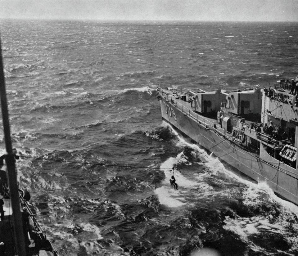 Highline transfer between USS Douglas H. Fox (DD-779) and USS Huntington (CL-107), in 1948