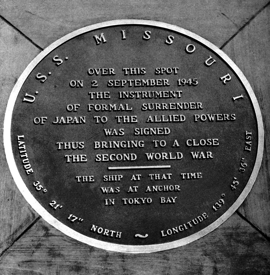 Historical Surrender of Japan marker aboard USS Missouri (BB-63), in 1945