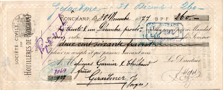 Houillères-de-Ronchamp SCHR cheque