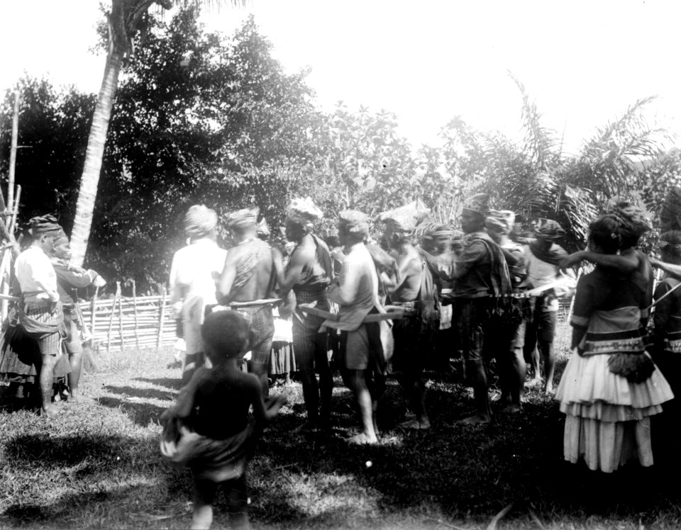 Infödingsdans, s.k. moraego, vid pasanggrahan, Kollawi. Efter foto av W. Kaudern, aug. 1918 - SMVK - 010736d