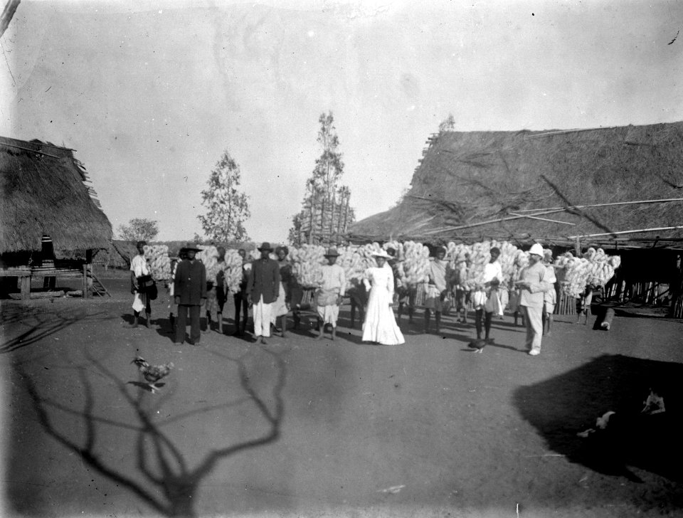 Infödingar med Raffia utanför Sluszanskis hus. S. och hans ramakoa. S-te Marie de Marovoay - SMVK - 021866