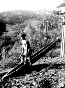 Indian slår på kanotformad trumma. Jfr. 4045. Erh, Från Erland Nordenskiöld 1928. Chocó. Colombia - SMVK - 004046