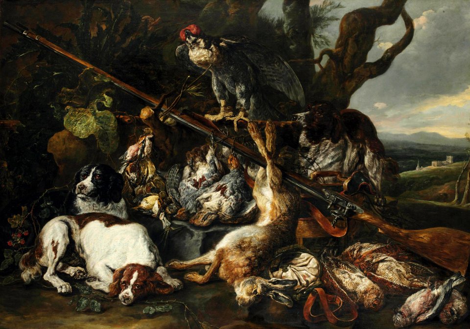 Joannes Fijt - A hunting still life of a hare, birds, hooded falcon, rifle