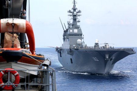 JS Ise (DDH 182) approaching USNS Charles Drew (T-AKE-10) for replenishment-at-sea 160419-N-IX266-031