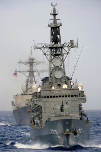 JS Shimakaze (DDG 172) transits in formation with a U.S. Navy ship. (6322808668)