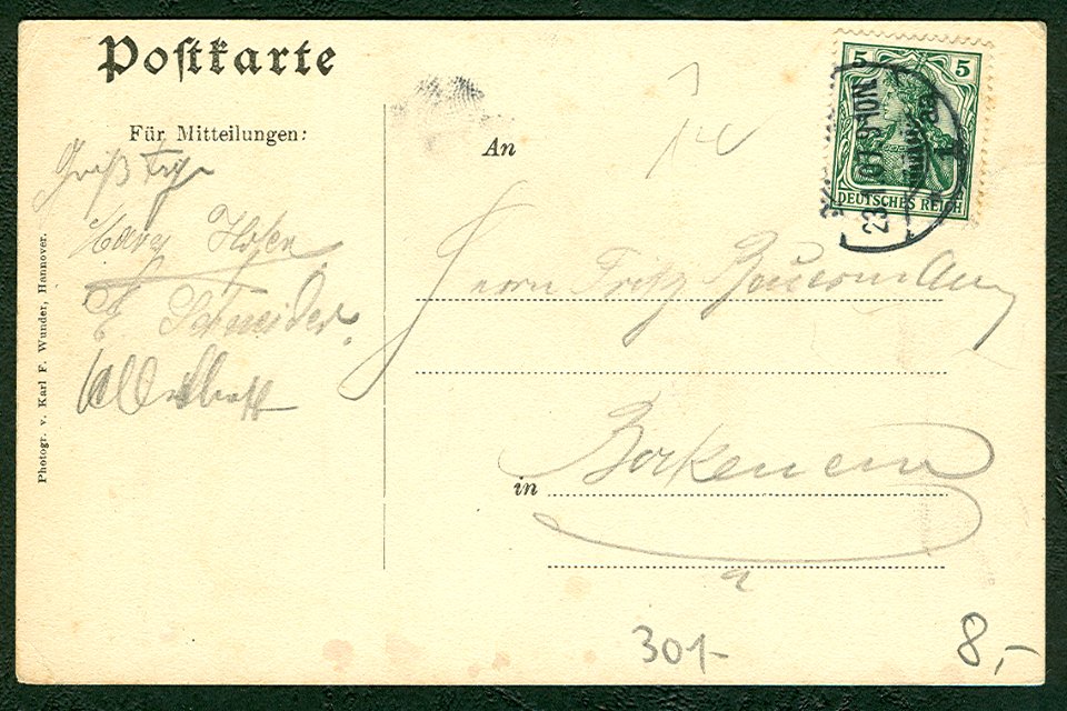 Karl F. Wunder PC Gruß aus der Münchner Bierhalle. Inh. Carl Densner. Restauration Louisenstr. 5. Hannover. Adressseite