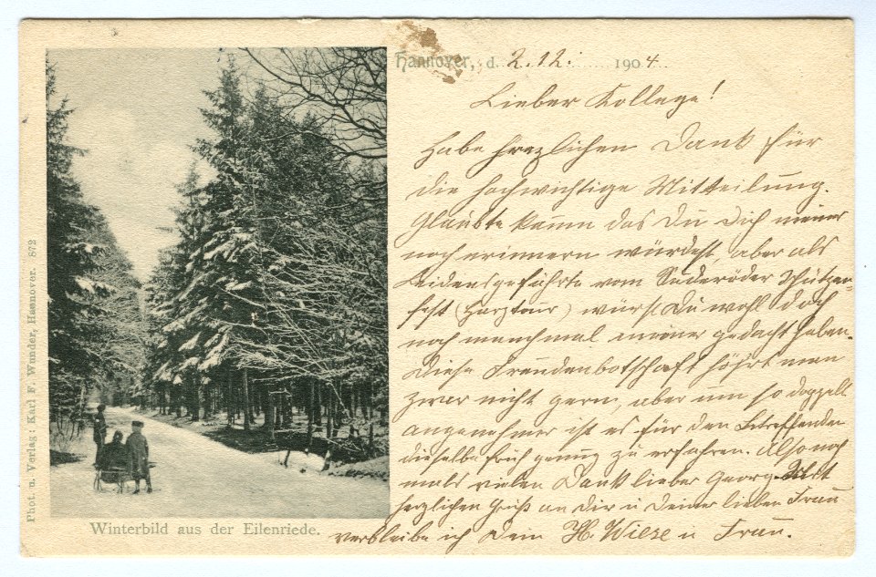 Karl F. Wunder PC 0872 Hannover, d. ... 190... Winterbild aus der Eilenriede