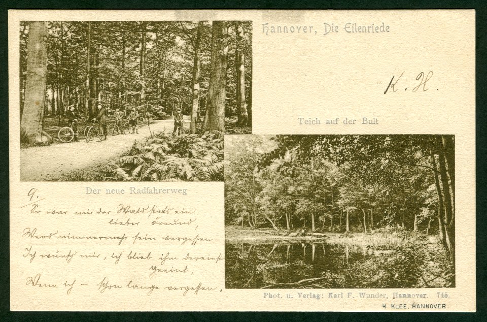 Karl F. Wunder PC 0745 Hannover, Die Eilenriede Der neue Radfahrerweg Teich auf der Bult Bildseite Heinrich Klee