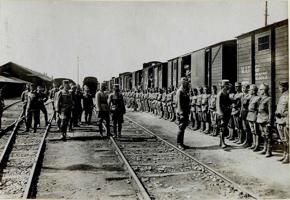 Karl inspiziert bei der Durchfahrt durch Stry die Schützen der 5. Division am Bahnhof am 30.8.1916 (BildID 15550020)