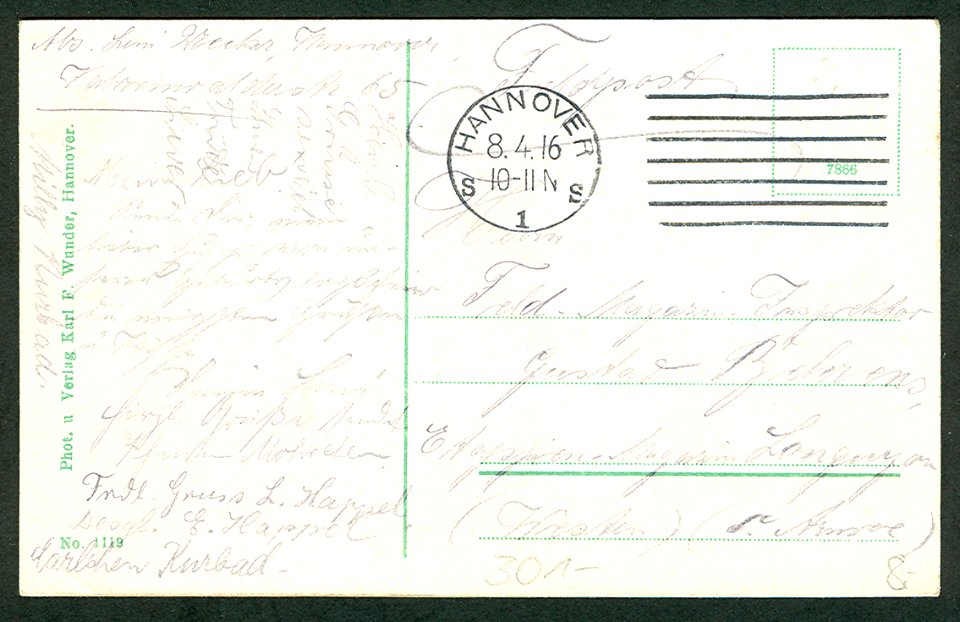Karl F. Wunder PC 1119 Hannover Waldwirtschaft Pferdeturm (Ed. Bock.) Bildseite, No. 1119 grün