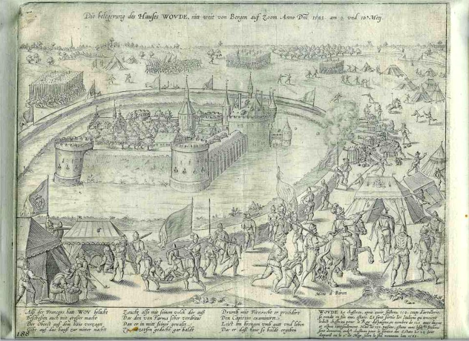 Kasteel van Wouw in 1583 in beleg, gravure uit 1590