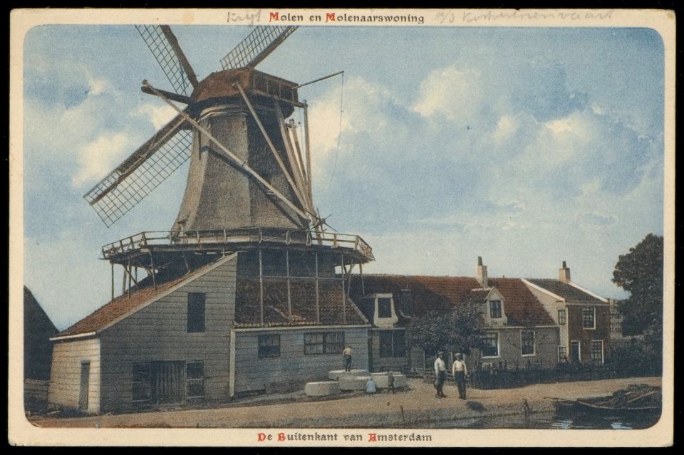 Krijtmolen De Hoop aan de Kostverlorenvaart, buurtschap De Baarsjes. Uitgave A.J. Nuss, Amsterdam, Afb PBKD00023000003