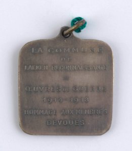 La Commune de Laeken - Hommage aux Membres Dévoués 1914-1918, medal by Pierre Theunis, Belgium, 1918, Coins and Medals Department of the Royal Library of Belgium, 2Lef 100-25 (verso)