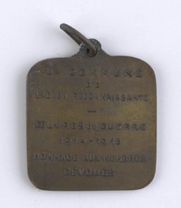 La Commune de Laeken - Hommage aux Membres Dévoués 1914-1918, medal by Pierre Theunis, Belgium, 1918, Coins and Medals Department of the Royal Library of Belgium, 2Lef 100-32 (verso)