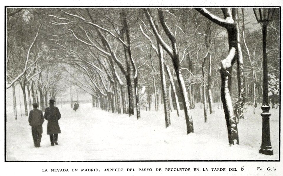 La nevada en Madrid. Aspecto del Paseo de Recoletos en la tarde del 6, de Goñi
