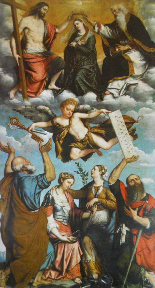 La Trinità incorona la vergine con i santi Pietro, Paolo e le allegorie della Giustizia e della Pace