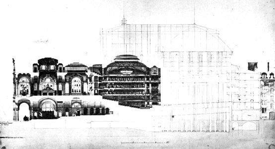 Long section of Viollet-de-Duc's Opera Competition project, 1861 - Mead 1991 p75