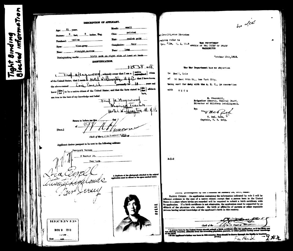 Lois Ewell passport application from 1918, this is page 2 of 5