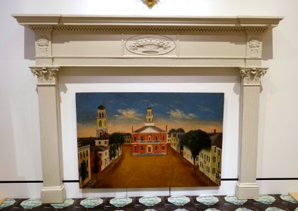 Mantel from the Nathan Read house, carving by Samuel McIntire, c. 1800, with View of Court House Square, Salem, by George Washington Felt, 1810-1820, oil on wood panel - Peabody Essex Museum - DSC07133 photo