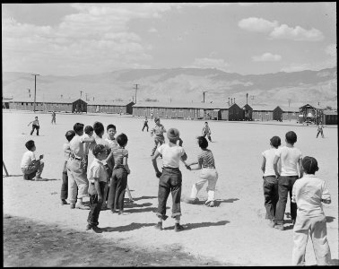 Manzanar Relocation Center, Manzanar, California. One of the 80 baseball teams which have been form . . . - NARA - 538060