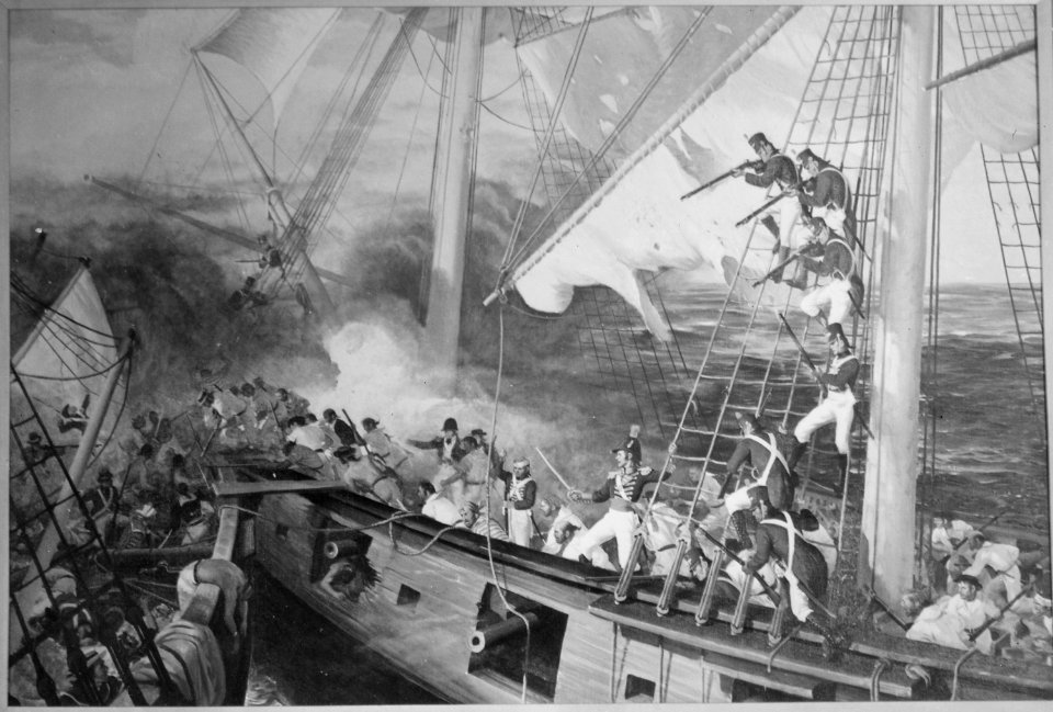 Marines Aboard USS Wasp Engage HMS Reindeer. June 1814. Copy of painting by Sergeant John Clymer., 1927 - 1981 - NARA - 532579