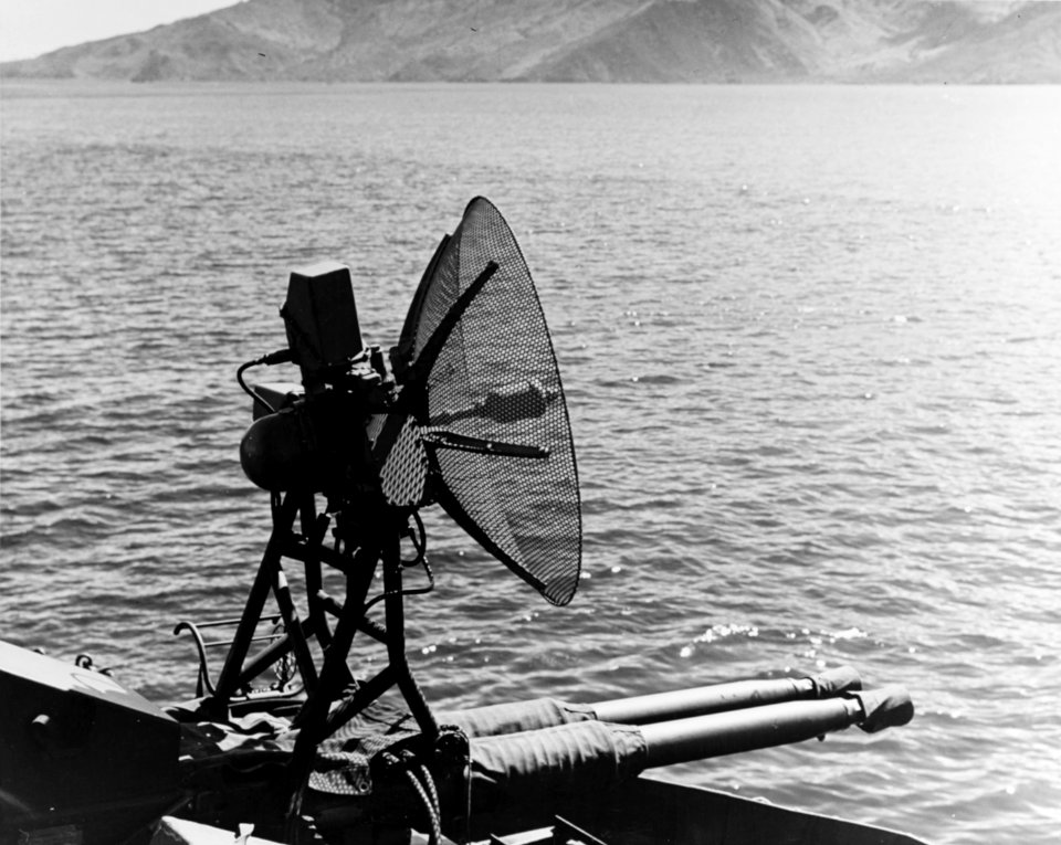 Mk 28 fire control radar on USS Nashville (CL-43) in May 1945