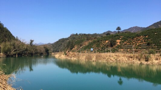Lake blue sky huangshan at the foot of