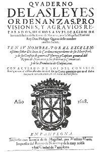 Matías Mares. Cuaderno de las leyes, ordenanzas... Pamplona, 1608