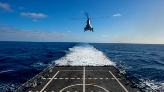 MQ-8B Fire Scout unmanned autonomous helicopter aboard the littoral combat ship USS Fort Worth (LCS-3) 141120-N-DC018-088