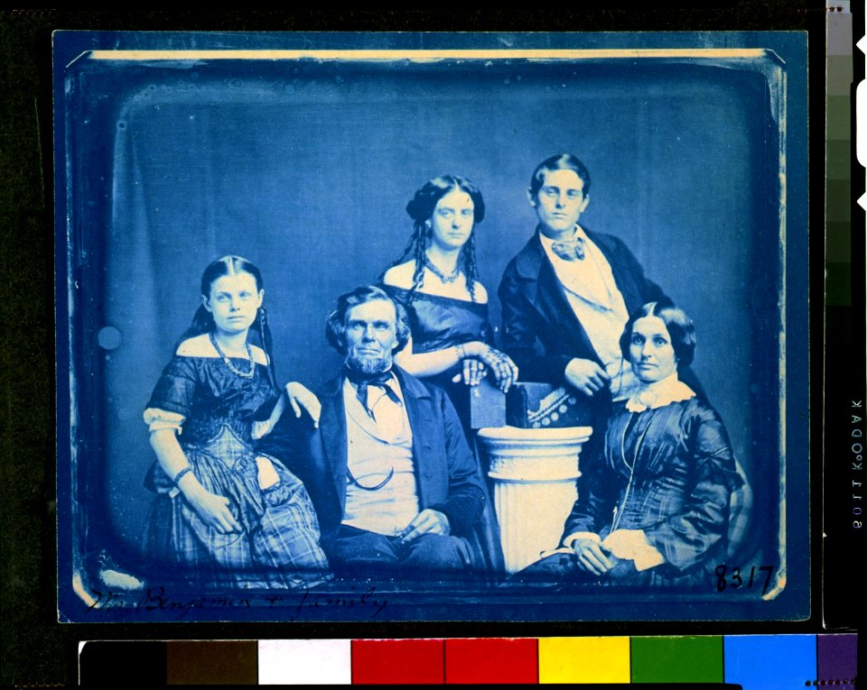 Mr. Zina Hitchcock Benjamin family, posed left to right- Cornelia, Zina Hitchcock, Frances Antoinette, Samuel Clark, and Joanette Clark LCCN97510857