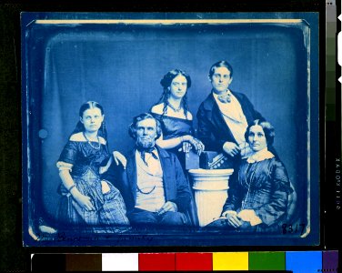 Mr. Zina Hitchcock Benjamin family, posed left to right- Cornelia, Zina Hitchcock, Frances Antoinette, Samuel Clark, and Joanette Clark LCCN97510857