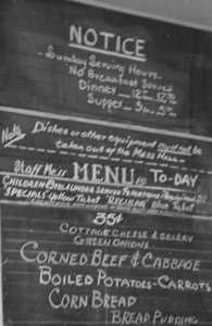 Mess hall menu in October 1945 detail, Granada Relocation Center, Amache, Colorado. Staff mess hall which serves members of the appointed . . . - NARA - 539936 (cropped)