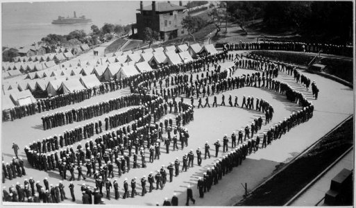 Mess formation, detention barracks, Naval Training Station, San Francisco, California. - NARA - 533696 photo