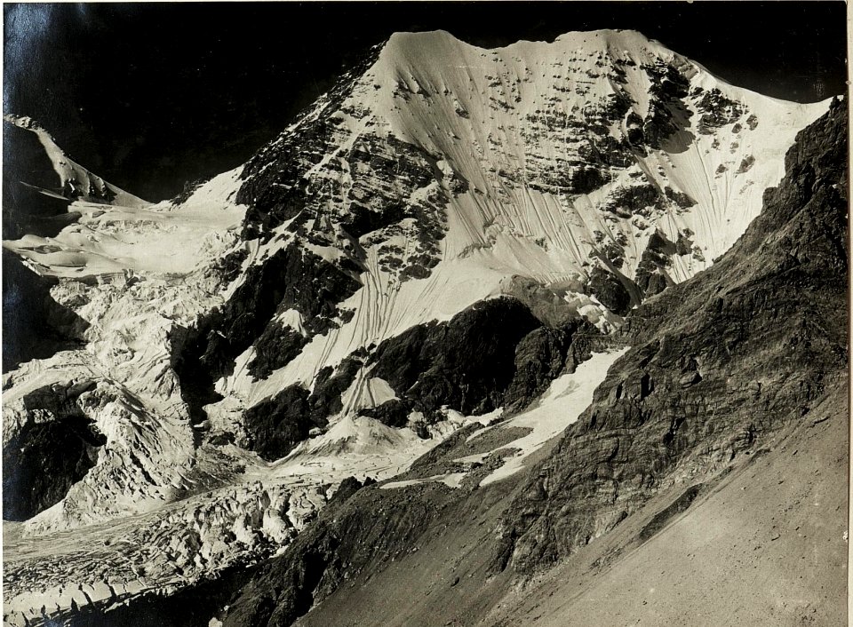 Panorama, Standpunkt Bäckmannhütte, Eisseespitze, Cevedale, Suldenspitze, Schrötternhorn, Kreilspitze, Königsspitze, Monte Zebru, Suldenjoch (3. Teilbild zu WK1 ALB013 03616a) (BildID 15416122)