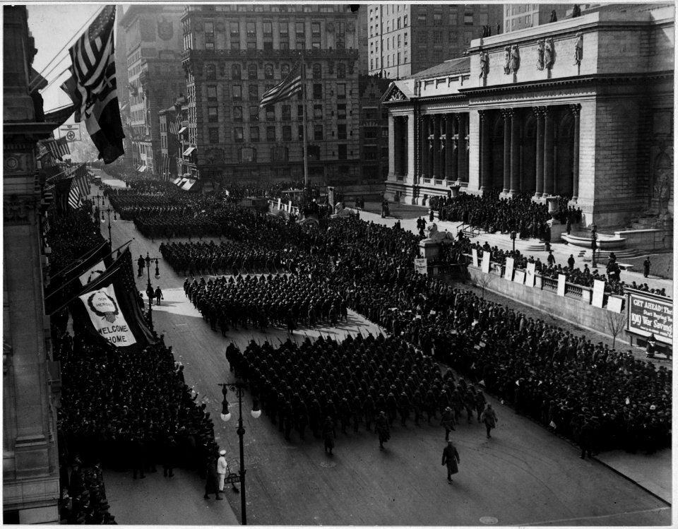 Parade of Famous 369th Infantry on Fifth Avenue New York City. Colonel Bill Hayward's famous Hel . . . - NARA - 533495