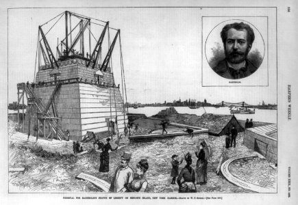 Pedestal for Bartholdi's Statue of Liberty on Bedloe's Island, New York Harbor (and insert of head and shoulder portrait of Bartholdi) LCCN99614265 photo