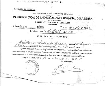 Papeleta de examen curso 1934-5