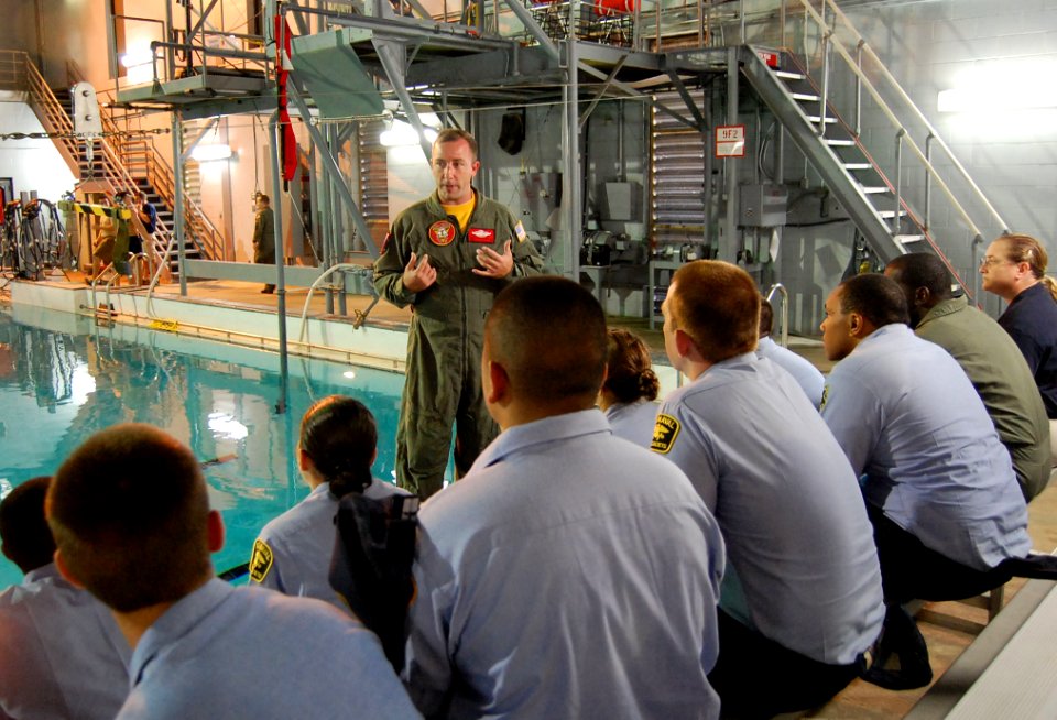 Petty Officer 1st Class Grayson Taylor discusses survival training Sailors must go through to the U.S. Naval Sea Cadet Corps