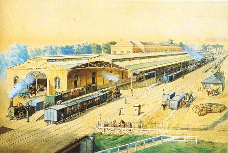 Perron van de Nederlandsche Rhijnspoorweg-Maatschappij in 1866 te Utrecht