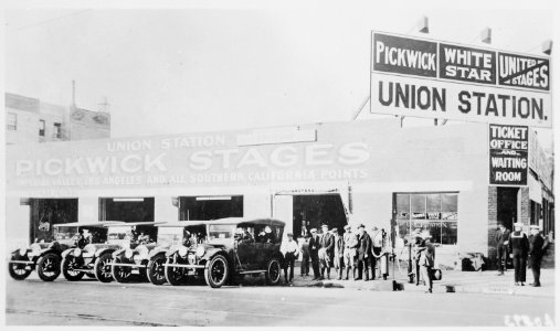 Pickwick stages, counterparts of modern day buses, outside Union Station, Los Angeles, awaiting passengers bound for sou - NARA - 513361 photo