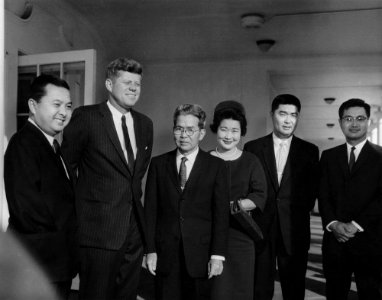 President John F. Kennedy with Daniel Inouye and his family in the West Wing Colonnade photo