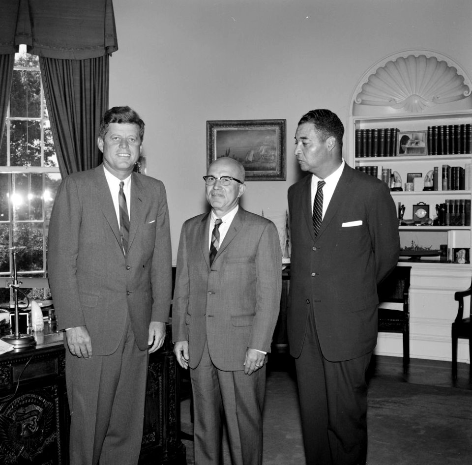 President John F. Kennedy with Democratic Congressional Candidate, Gus Hawkins, and Democratic National Committee Deputy Chairman, Louis E. Martin
