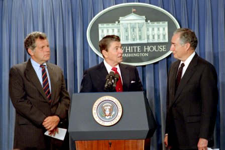 President Ronald Reagan announcing the resignation of William Bennett and nomination of Dr. Lauro Cavazos as Secretary of Education in the Press Room